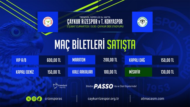 ÇAYKUR RİZESPOR – TÜMOSAN KONYASPOR MAÇI BİLETLERİ SATIŞA ÇIKTI